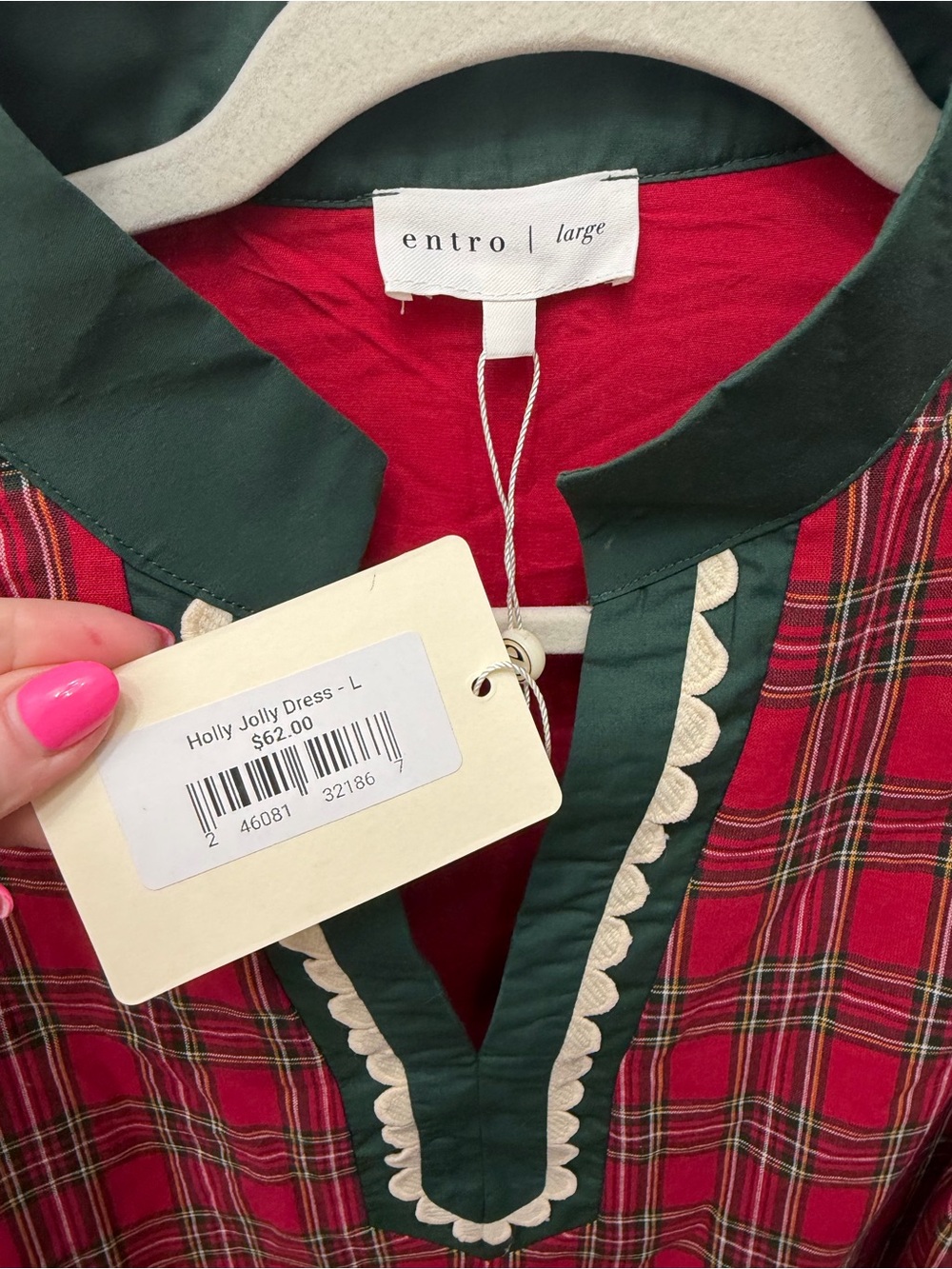entro Red Plaid Tunic with Dark Green Trim and Cream Scallops - Picture 2 of 6